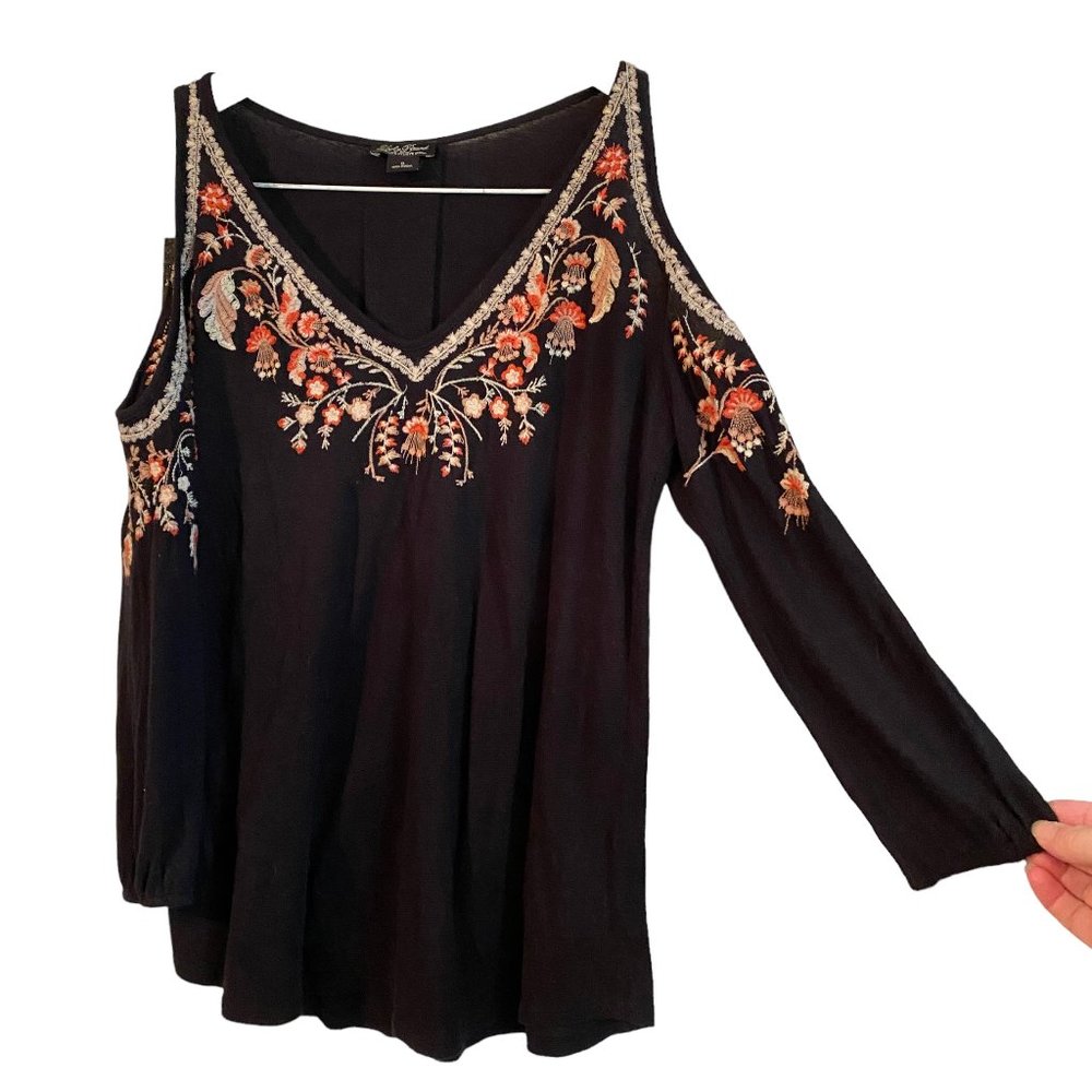 Lucky Brand Black Floral Embroidered Long Sleeve Top